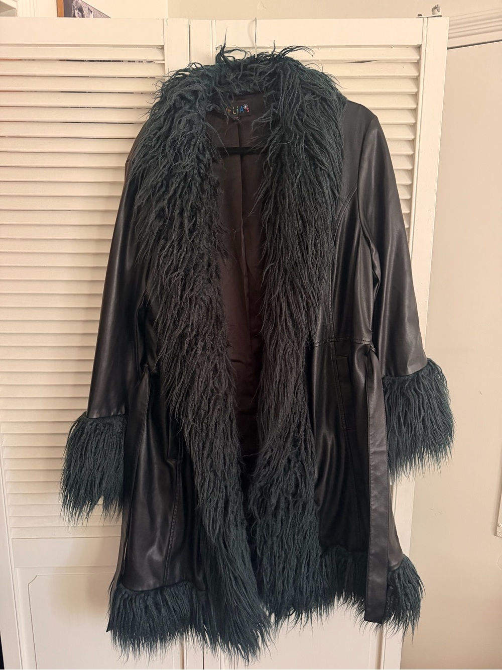 dELiA*s Penny Lane Black Leather Jacket with Dark Teal Faux Fur Trim
